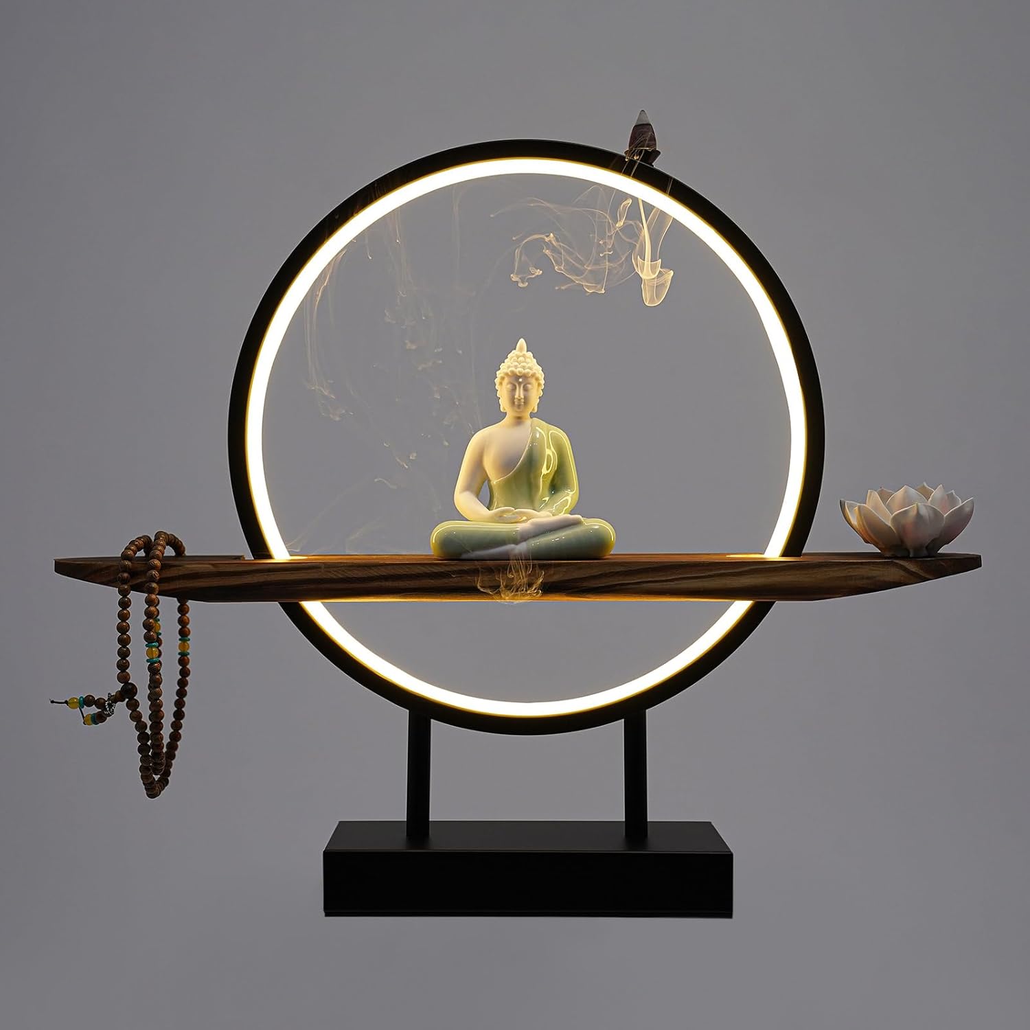 Backflow Incense Holder with LED Light Tabletop Indoor Ceramic Buddha Statues Meditation Decoration with Lamp Rings,Lotus,Buddhist Beads for Home Decor Relaxing,18 * 4 * 14in (Buddha)