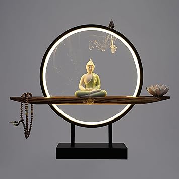 Backflow Incense Holder with LED Light Tabletop Indoor Ceramic Buddha Statues Meditation Decoration with Lamp Rings,Lotus,Buddhist Beads for Home Decor Relaxing,18 * 4 * 14in (Buddha)