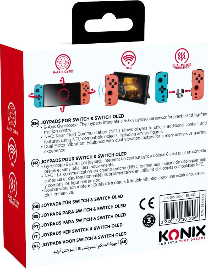 Front of the Konix Joypads product packaging, showing the blue and red controllers.