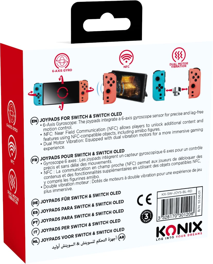 Konix Paire de manettes Joypads Nintendo Switch et Switch OLED - Compatible Nintendo Switch 2 - Autonomie 8 h - Fonction vibration - Bleu et rouge