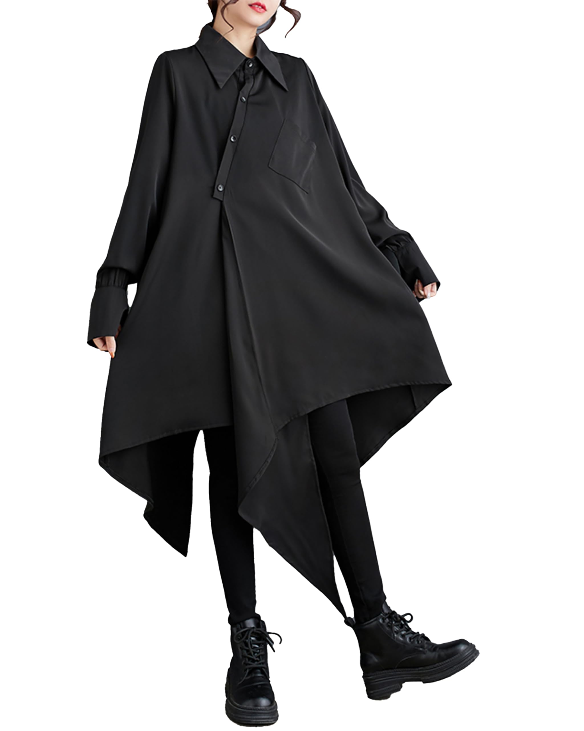 ellazhu Damen Oversized einfarbiges Langarmshirt mit Rückenschlitz und unregelmäßigem Saum GZ150
