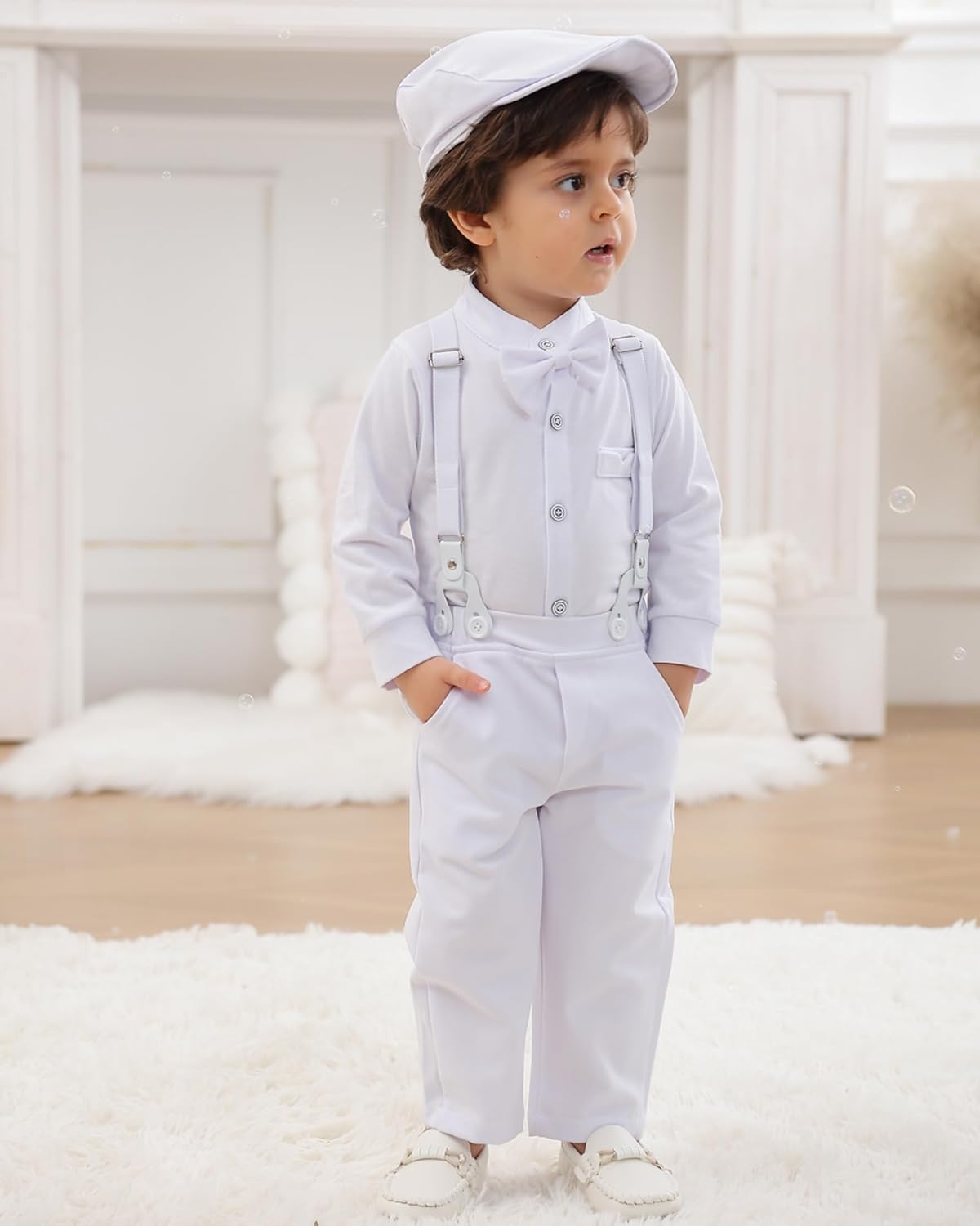 Baby Boy Clothes Suits 0-24M Infant Gentleman Outfit Long Sleeve Dress Shirt+Suspender Pants+Bowtie+Beret Wedding Set - Image 2