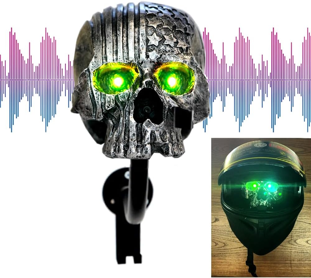 Motorcycle Helmet Rack - Sound Activated Skull Helmet Holder Wall Mount with Light Up Eyes and Creepy Sounds - Versatile Helmet Holder for Helmets, Coats, Caps