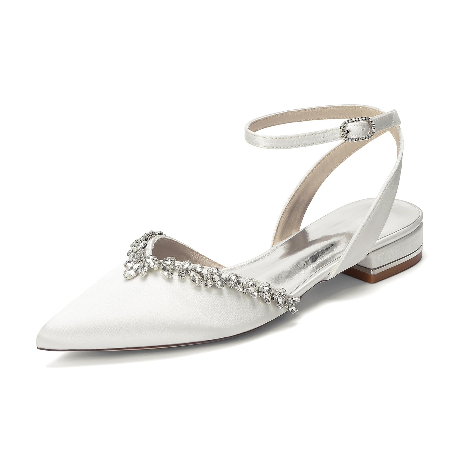 Scarpe da Sposa Basse in Raso Slingback per Donna Avorio, Bianco, Ballerine Eleganti a Punta con Strass e Cinturino alla Caviglia, Scarpe Cerimonia per Matrimonio e Festa
