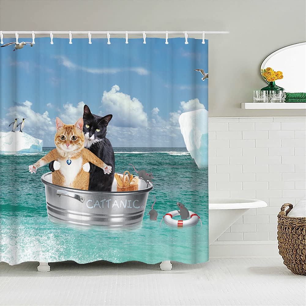 Lnxsesn Blue Shower Curtain Cat Penguin Anti Mould Shower Curtain Polyester Shower Curtains Mould Proof Resistant Bathroom Curtains Durable Wet Room Shower Curtain With 12 Hooks 150X180cm