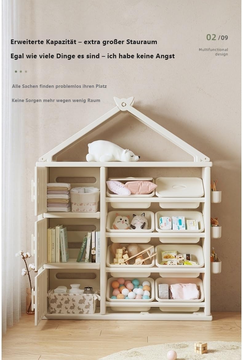 habeig Multifunktionaler Kinder-Kleiderschrank, Hausform Design, Kinderschrank, 156x123x34cm, Beige, mit Türen, Ablagekörben und Kleiderstange, Einfache Montage (20211)