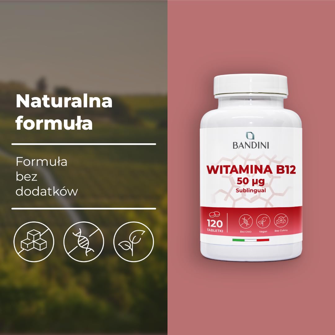 Bandini® Witamina B12 120 tabletek podjęzykowych - Cyjanokobalamina 50µg - 100% wegańskie - Wysoka dawka - Vitamin B12 dla układu odpornościowego, metabolizmu energetycznego, zmęczenia fizycznego