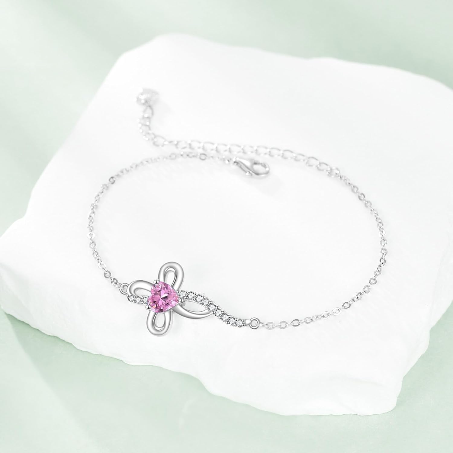 Heart Birthstone Cross Link Bracelet 925 Sterling Silver Infinity Cross Birthstone Charn Bracelet with 6.5+2 Inch Chain for Women - Image 2