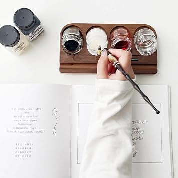 Wooden Tilting Calligraphy Pen Holder with Empty Glass Ink Bottle Container, Calligraphy Oblique Nib Holder Stand Base Set Desktop Tabel Decoration