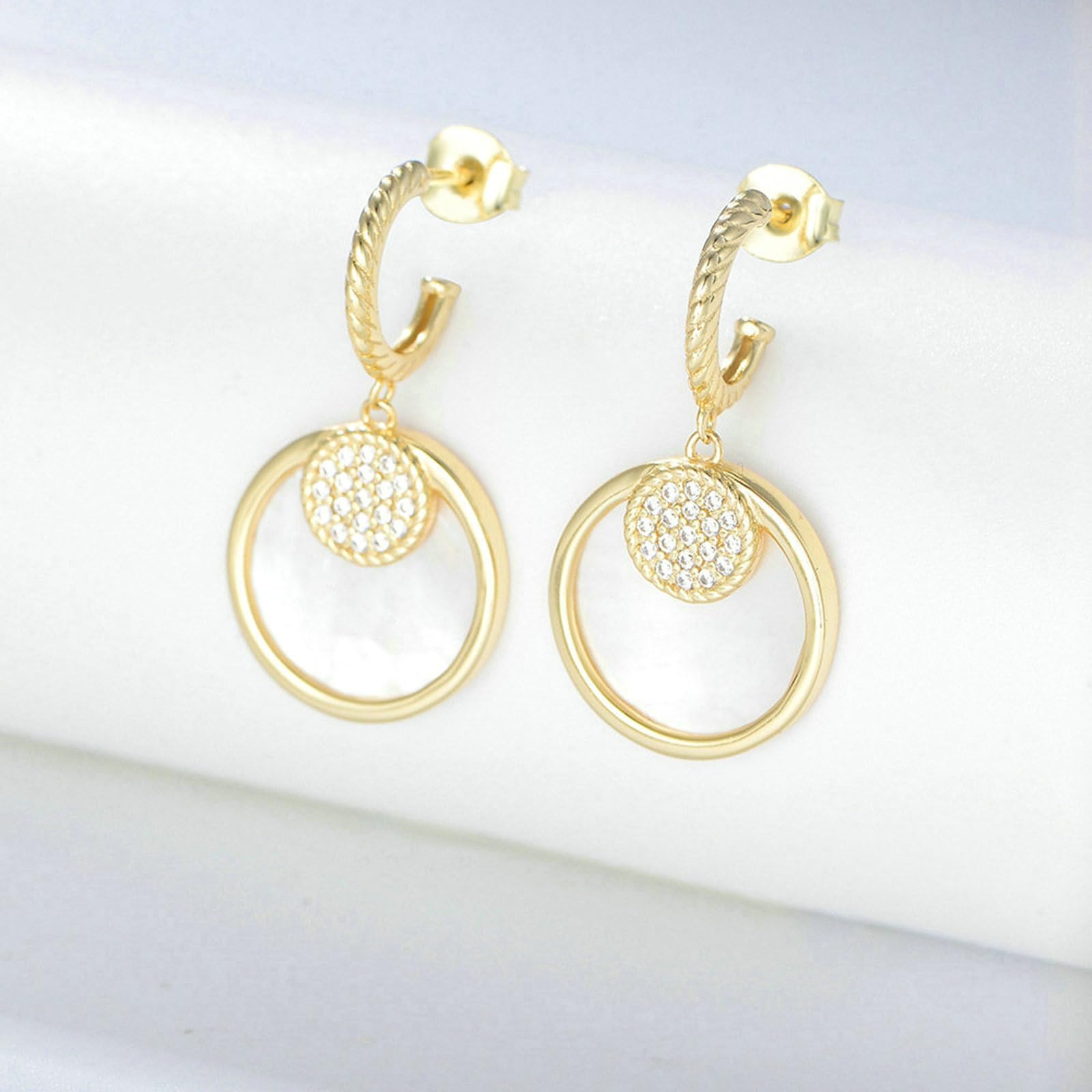 Orecchini da donna in oro 750 585 375, orecchini pendenti in vero oro, orecchini a cerchio con diamanti e conchiglia, anallergici, per matrimonio e donne