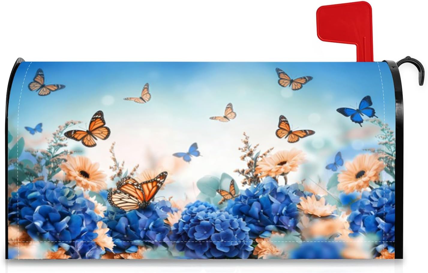Spring Summer Floral Magnetic Mailbox Cover Standard Size,Hydrangea Flowers with Butterflies Mailbox Wraps,Seasonal Post Letter Box Cover Wraps Decor for Outside Garden Yard