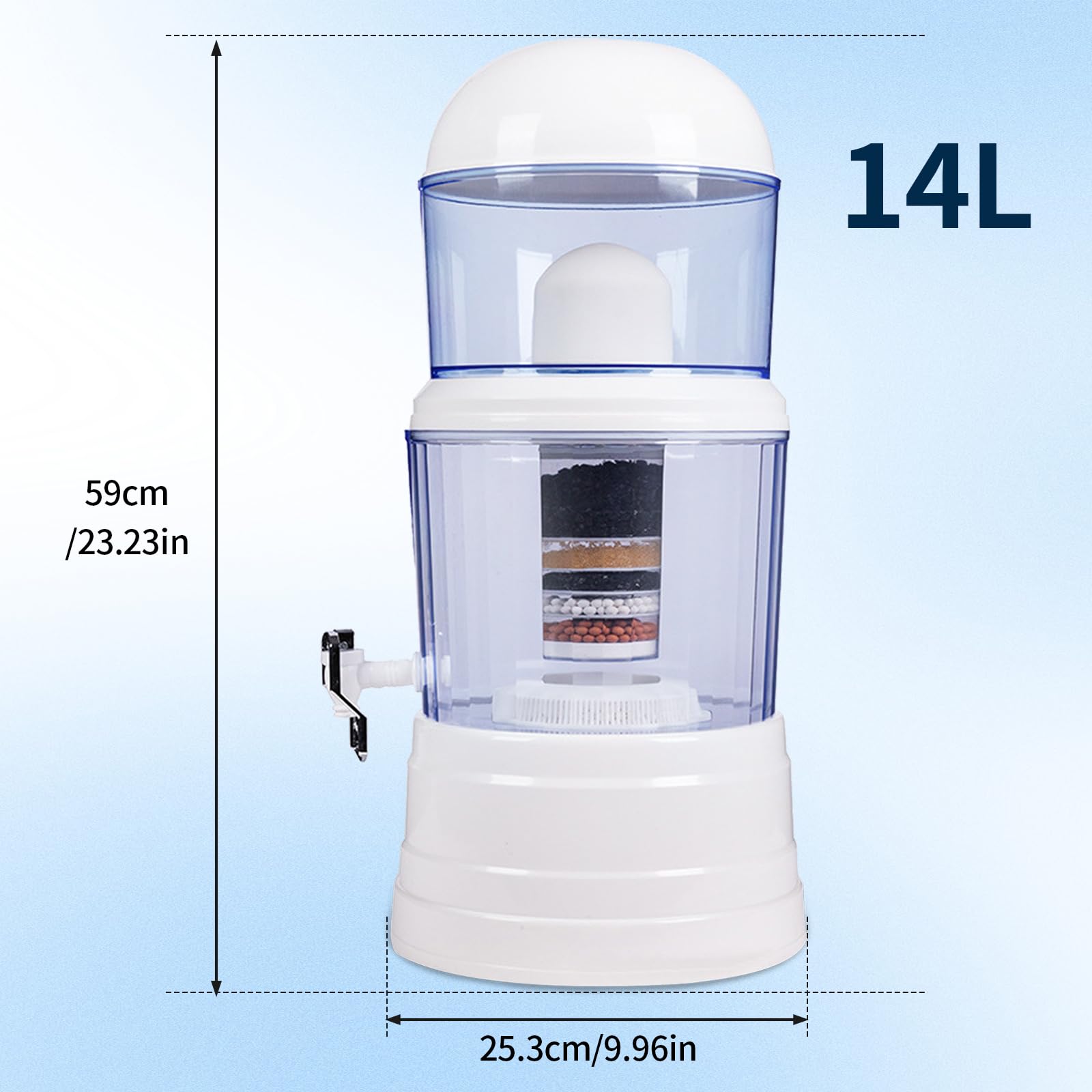Distributore di depuratore d'acqua, caraffa filtrante per acqua da 14 litri, bollitore per filtri dell'acqua da banco con rubinetto, dispenser di filtro purificante in plastica al carbonio