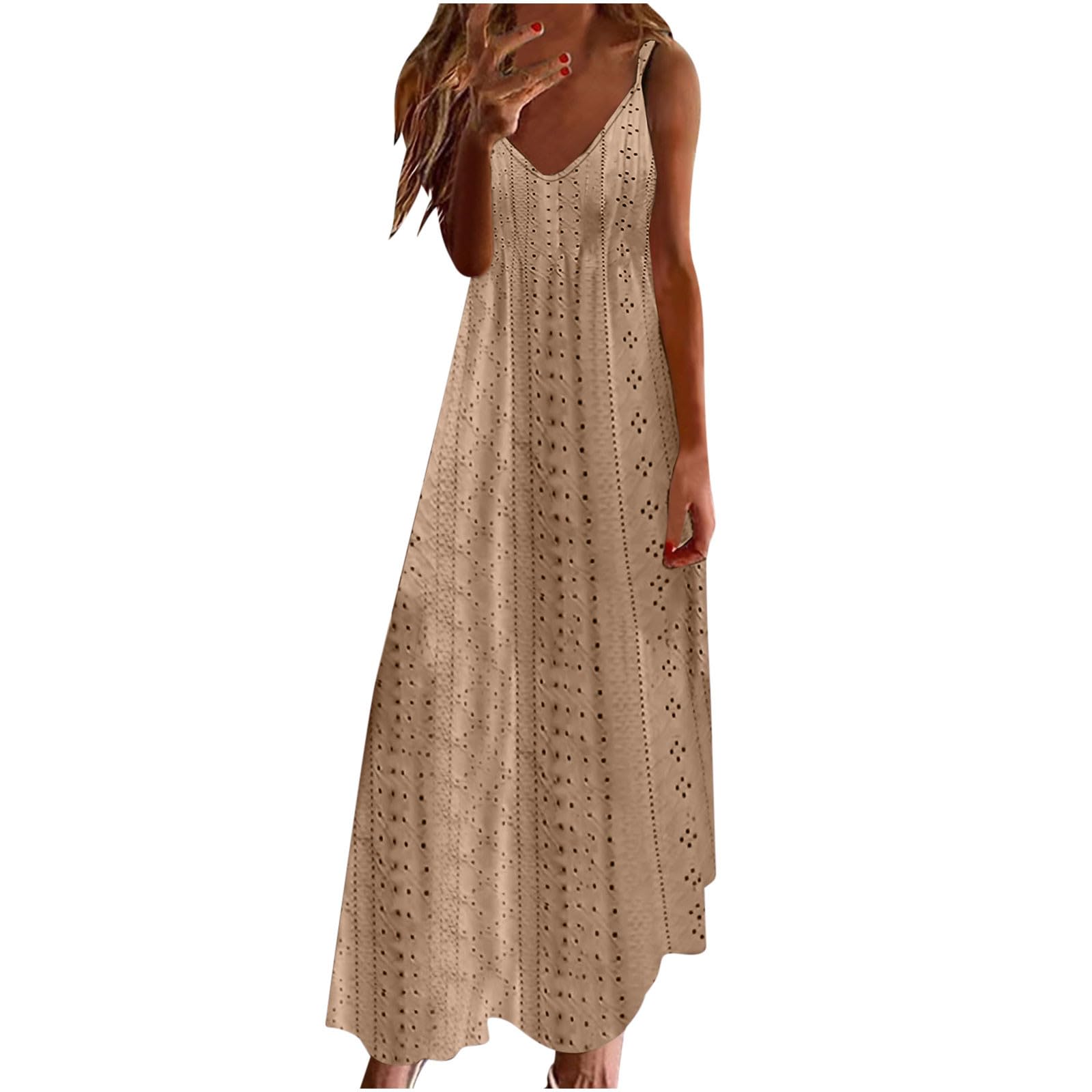 NUSGEAR Vestidos Largo para Mujer 2024 Vestido sin Manga Elegante Verano Color sólido Transpirable Casual Vestidos Cuello en V Fiesta Moda Playa Suelto Vestido de Noche Vacaciones