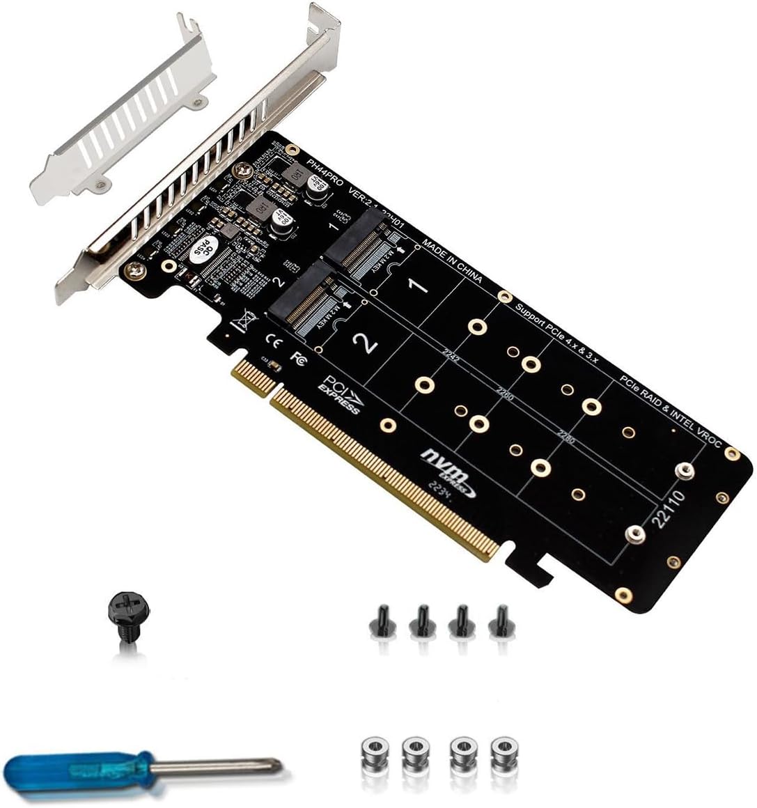 PH44PRO Dual-Sided 4* M.2 M-Key NVME to PCIe X16 Splitter Card 4 * 32Gbps 2U Server RAID Array Expansion Adapter Support 2242 2260 2280 22110 SSD