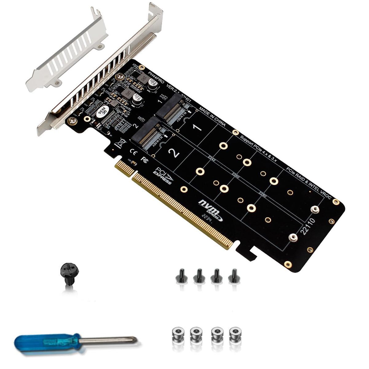 PH44PRO Dual-Sided 4* M.2 M-Key NVME to PCIe X16 Splitter Card 4 * 32Gbps 2U Server RAID Array Expansion Adapter Support 2242 2260 2280 22110 SSD