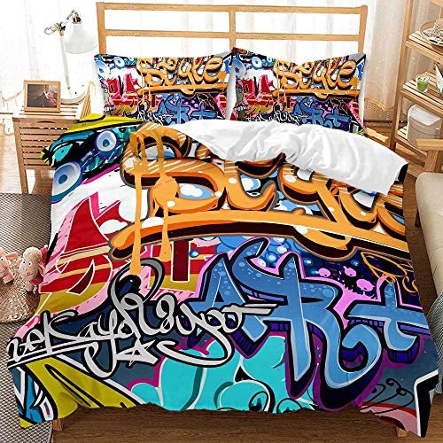 Amacigana Hiphop Style Parure De Lit Graffiti Wall Housse De Couette 1 Personne Et 2 Taies d'oreiller De, pour Enfants Et Adultes 100% Microfibre Sreet Art Design (A11,220x240 cm)