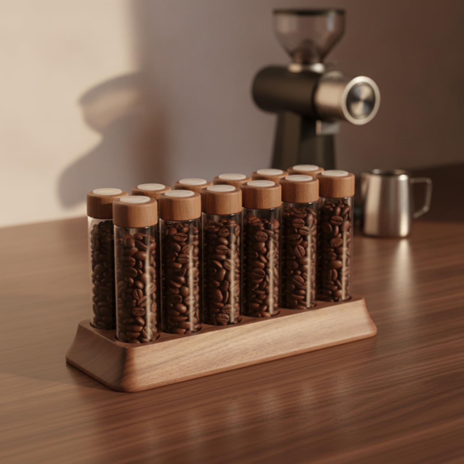 Conteneur de Grains de Café Support Organiseur Présentoir Porte-tubes avec Base Inclinée en Bois et 12 Logements Alignés pour Portions Adapté aux, 10 Cm, style to 3