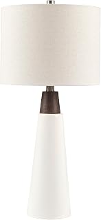 Ink+Ivy Tristan Triangular Ceramic and Wood Table Lamp with Cream Drum Shade, Mid-Century Modern Design, 3-Way Rotary Switch, LED Bulb Included, Decorative Lighting for Bedroom, 25” Tall