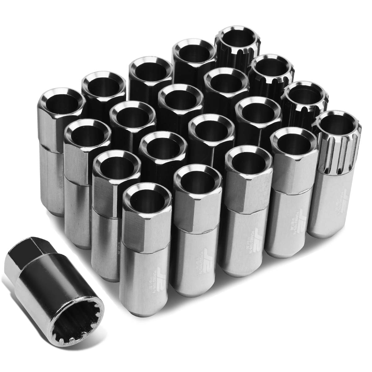 J2 Engineering 7075 Aluminum Silver M12 x 1.5 16Pcs L: 60mm Open End Lug Nut w/4Pcs Lock+Key