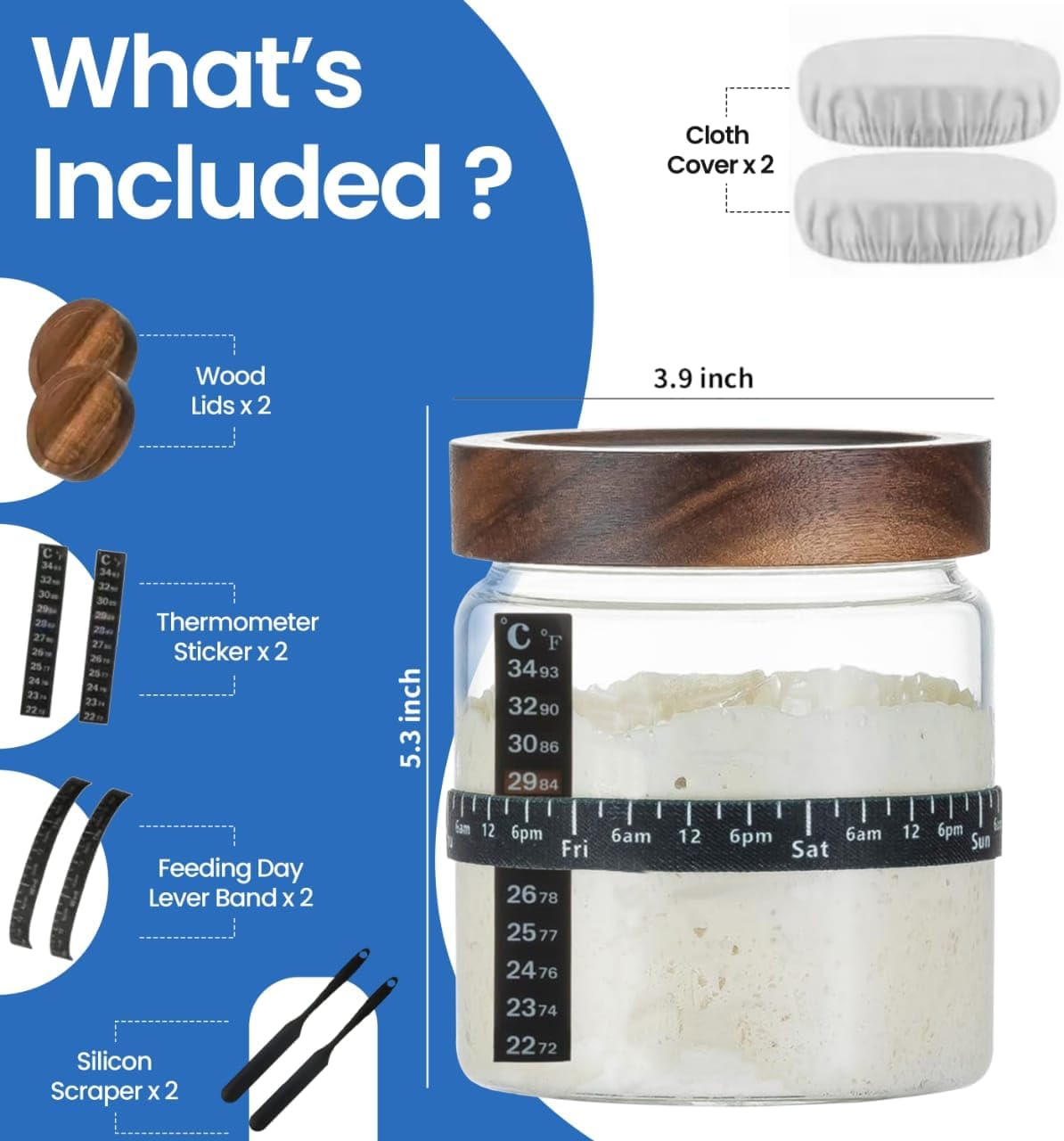 Sourdough Starter Jar Kit - Pack of 2, 35oz Wide Mouth Glass Jars for Sourdough Starter with Date Marked Feeding Scale, Thermometer, Cloth Cover, Scraper & Wooden Lid, Sourdough Jars - Image 3