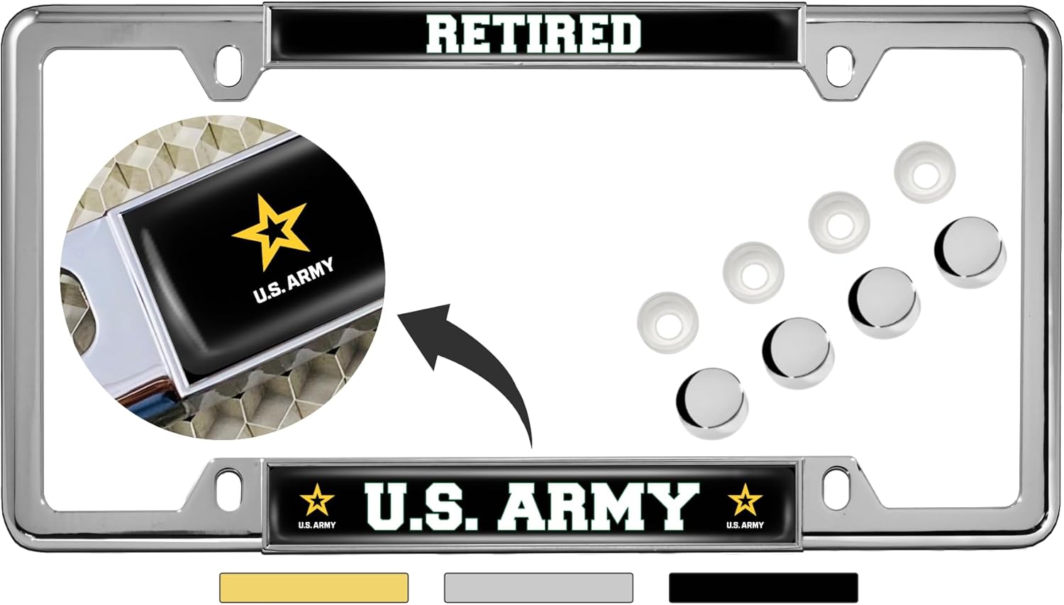 [Officially Licensed Product] - Retired US Army Star Logo - Domed Custom-Made Personalized Thin (Narrow) Top 4 Hole Metal Car License Plate Frame with Free caps - Chrome (Quantity: 1 Frame)