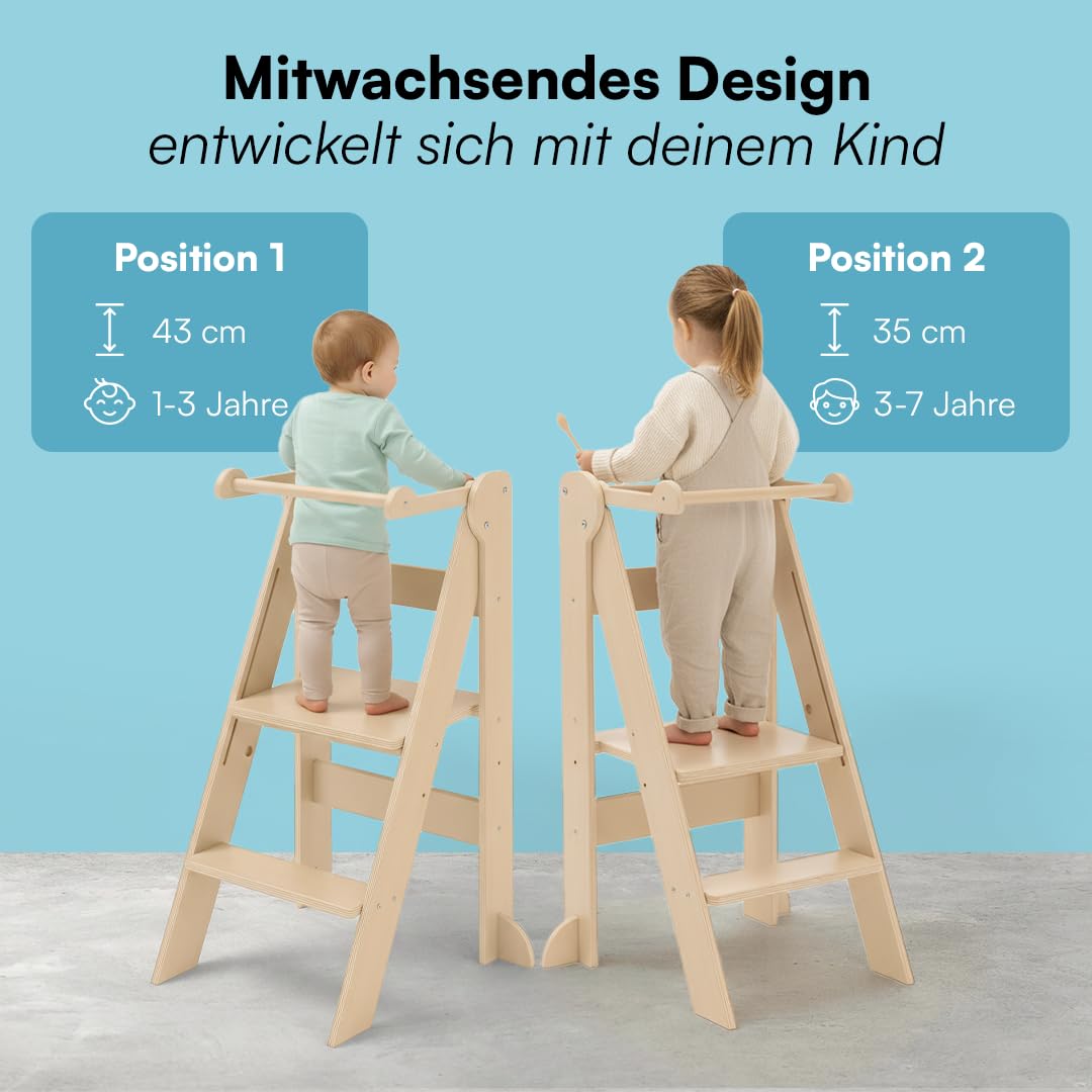Bellabino Tay Lernturm ab 1 Jahr – Learning Tower 2-Fach höhenverstellbar & klappbar – Lernstuhl in Natur für Kinder – Montessori Stehturm aus Birkenholz – sicherer Tritthocker mit Kippschutz