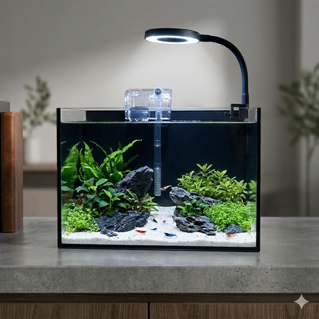 Kit de nano acuario, pequeño acuario de peces Betta, tanque de peces de vidrio sin borde de 2.2 galones con filtro, luz y decoraciones de paisaje acuático (negro, completo)