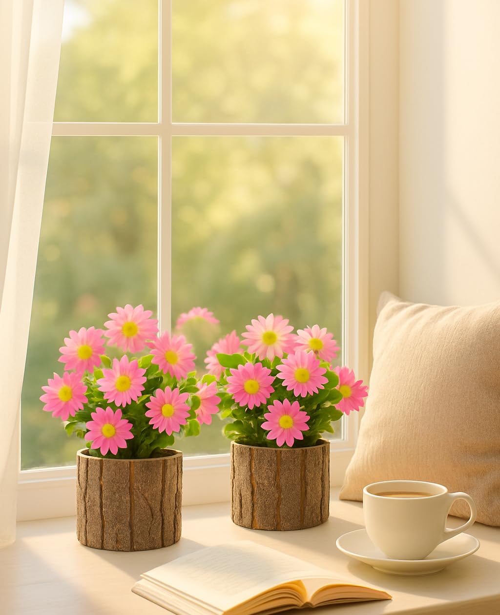 AceList Fiori artificiali margherite finte per decorazione, piccole piante in vaso in vasi in tronchi, margherite rosa centrotavola da tavolo per festa della mamma, casa, camera da letto, casa