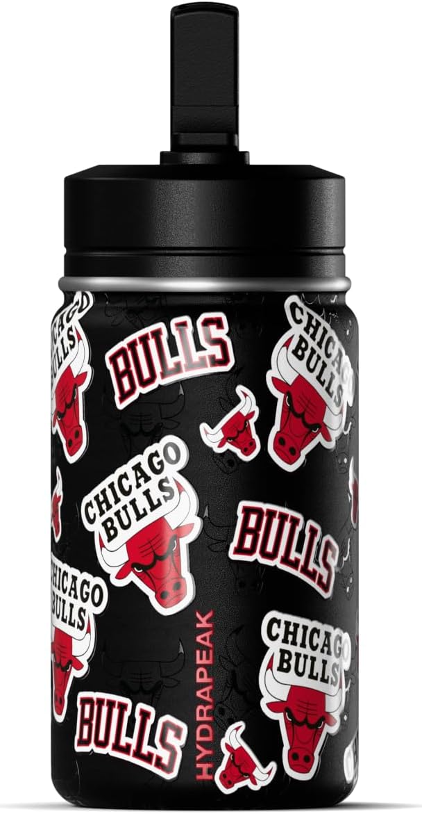Hydrapeak x NBA Officially Licensed Chicago Bulls 14oz Mini Kids Water Bottle with Straw Lid and Handle Reusable Stainless Steel Double Wall Insulated Spill Proof Sports Gift for Boys Girls