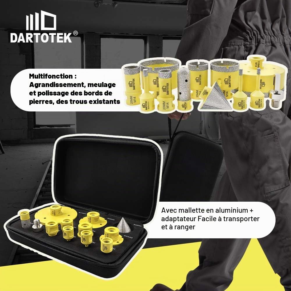 Foret Diamant Carrelage 12 Pièces - 9 Scies Cloche M14 (6/6/8/20/25/35/50/68/110mm), Fraise 20mm, Chanfrein 50mm, Adaptateur M14/Hex pour Céramique, Marbre, Granit, pour Meuleuse