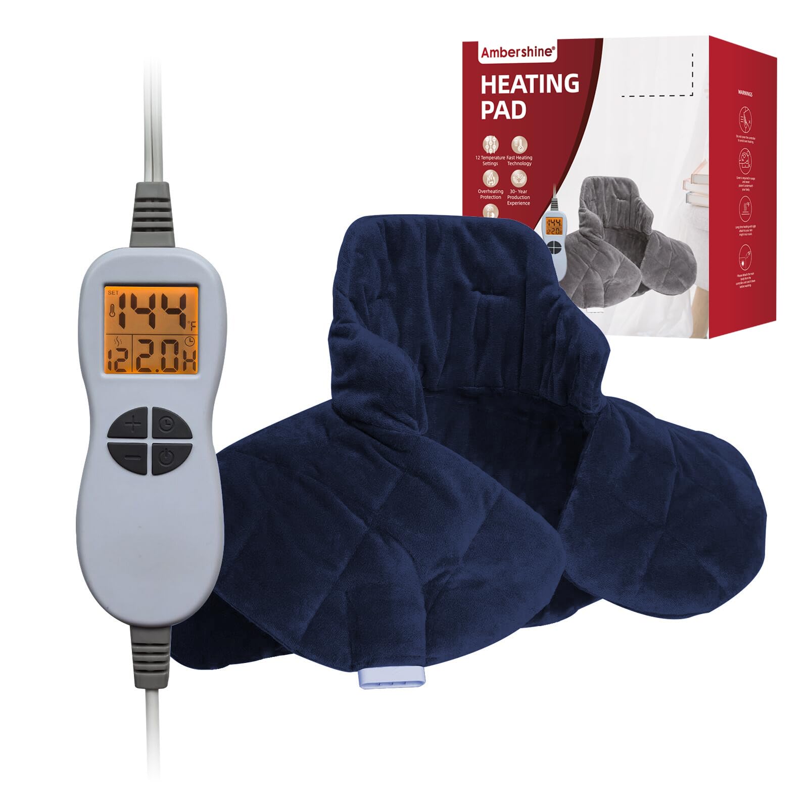 Ambershine 19''x24'' Weighted Neck & Shoulder Heating Pad, 2.5lbs with 12 Temperature Settings& 4 Auto-Off Timers, Pain Relief for Neck/Shoulder/Back, Christmas Gifts for Women Men Mom Dad(Navy Blue)