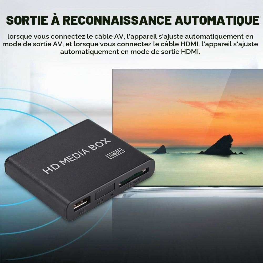 Mugast Mini Media Player Box, Lecteur Multimédia Vidéo Full HD 1080P avec Télécommande, Supporte Le Disque Dur Portable USB MMC RMVB MP3 AVI MKV(EU)