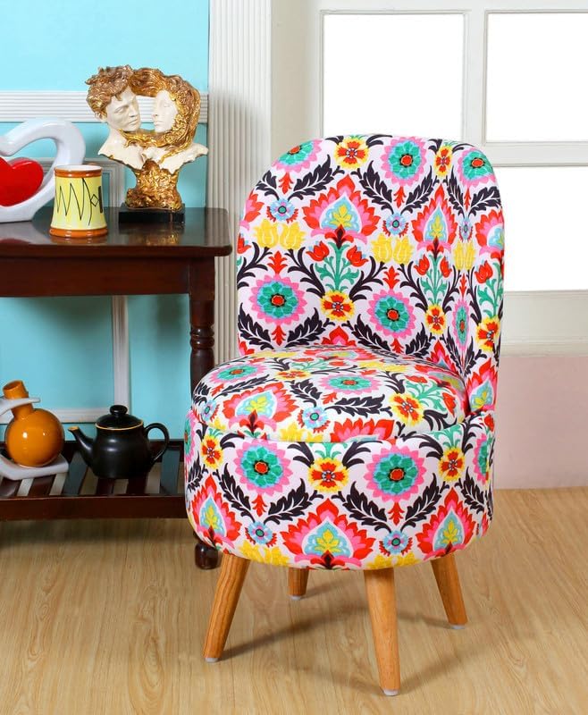 LB TRENDS Sitting Solutions for Home – Wooden Frame Round Ottoman Chair, Soft Cushion Pouffes, Stools Ideal for Living Room, Study & Makeup Table, 32 Inch Height, Chair, White Flower-image-47