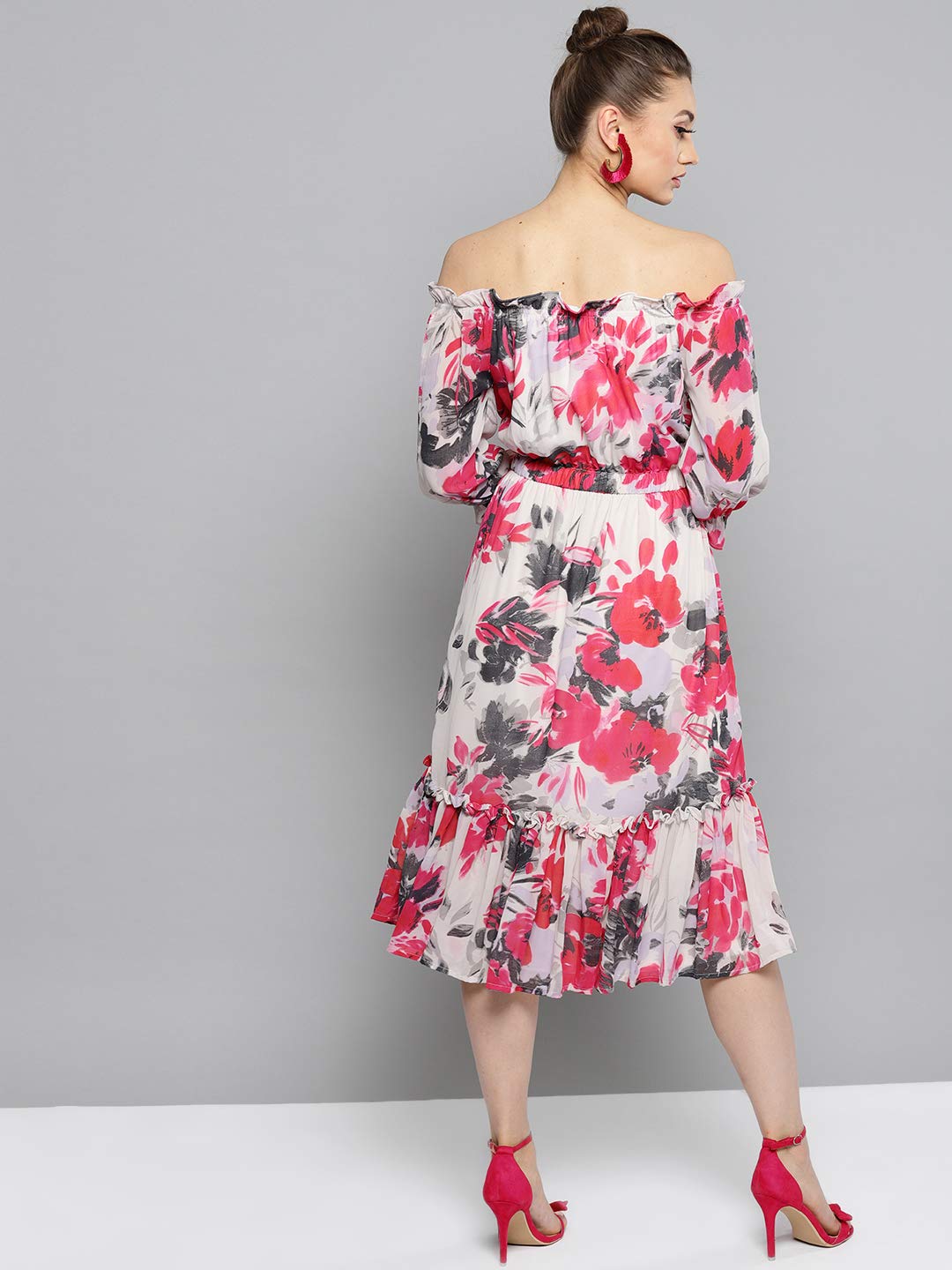 Rare Women's Synthetic A-Line Knee-Long Dress (Ep4161_White & Pink_S)