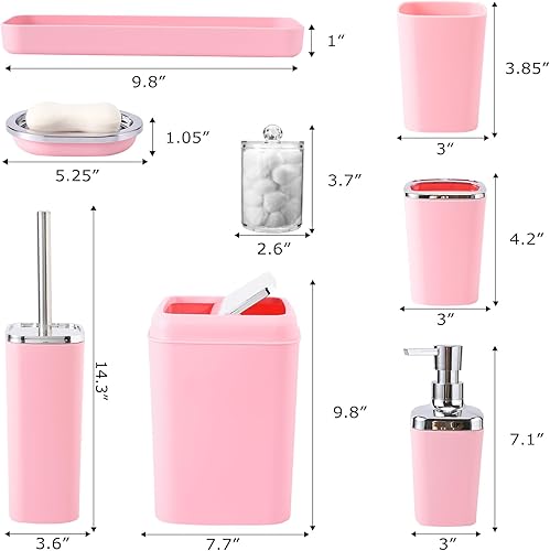 Miniatura 6 de Juego de accesorios de baño rosa, de plástico, con bandeja, dispensador de jabón, portacepillos de dientes, vaso, jabonera, cepillo para inodoro,