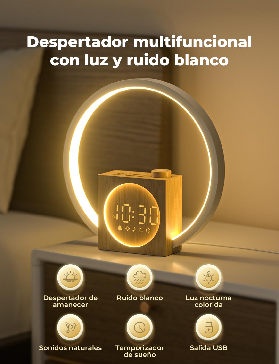 LIORQUE Despertador Amanecer, Despertador Luz Natural Simulación de Amanecer, 12 Modos de Luz, 30 Sonidos Relajantes, Modo de Ayuda para Dormir, Función Alarma y Snooze