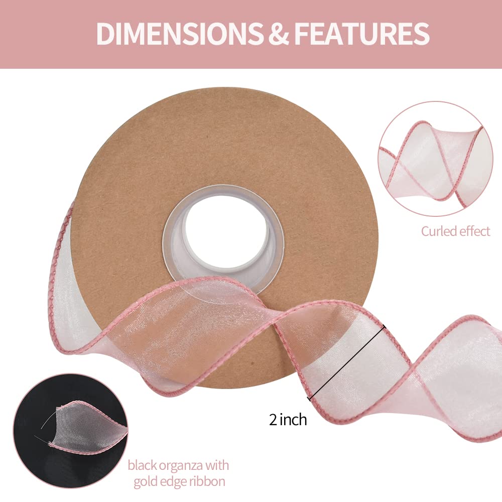TONIFUL 1-1/2 Inch Wide Pink Wired Chiffon Ribbon Sheer Organza Ribbons for Crafts Floral Bouquets Wedding Car Party Decorations Valentine's Day Gift Wrapping Bow Making Tree Wreaths Decoration - Image 2