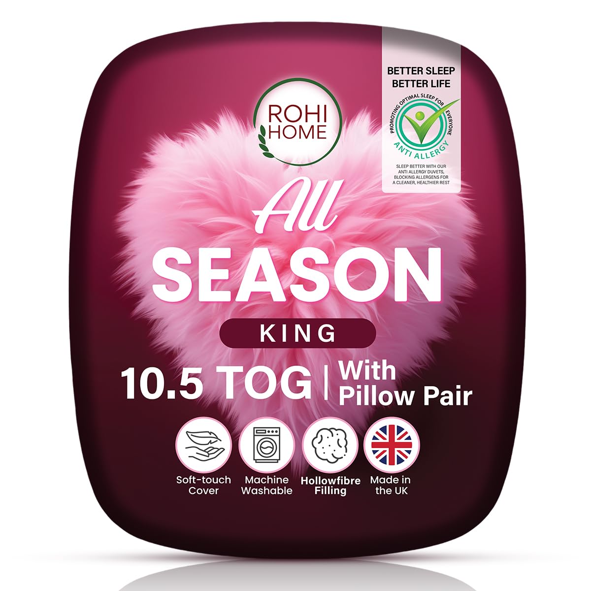 Rohi Anti-Allergy 10.5 Tog All Season Duvet King Size with 2 Deluxe Pillows – Soft & Breathable Polycotton Quilt – Midweight King Size Duvet (Spring)
