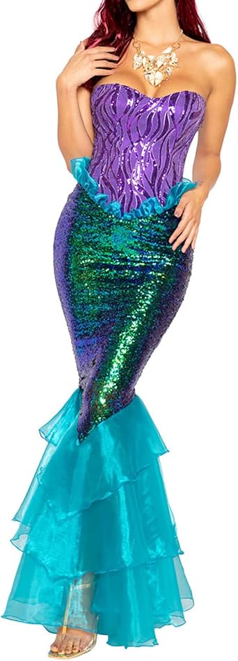 Women Halloween Mermaid Costume Sea-Maid Tail Dress Ruffle Sequin Long Tail Skirt Cosplay Halloween Party Dress