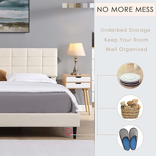 Miniatura 5 de TMEOSK Base de cama de plataforma tamaño Queen con cabecera tapizada de tela y listones de madera no necesita somier fácil montaje para niños niñas