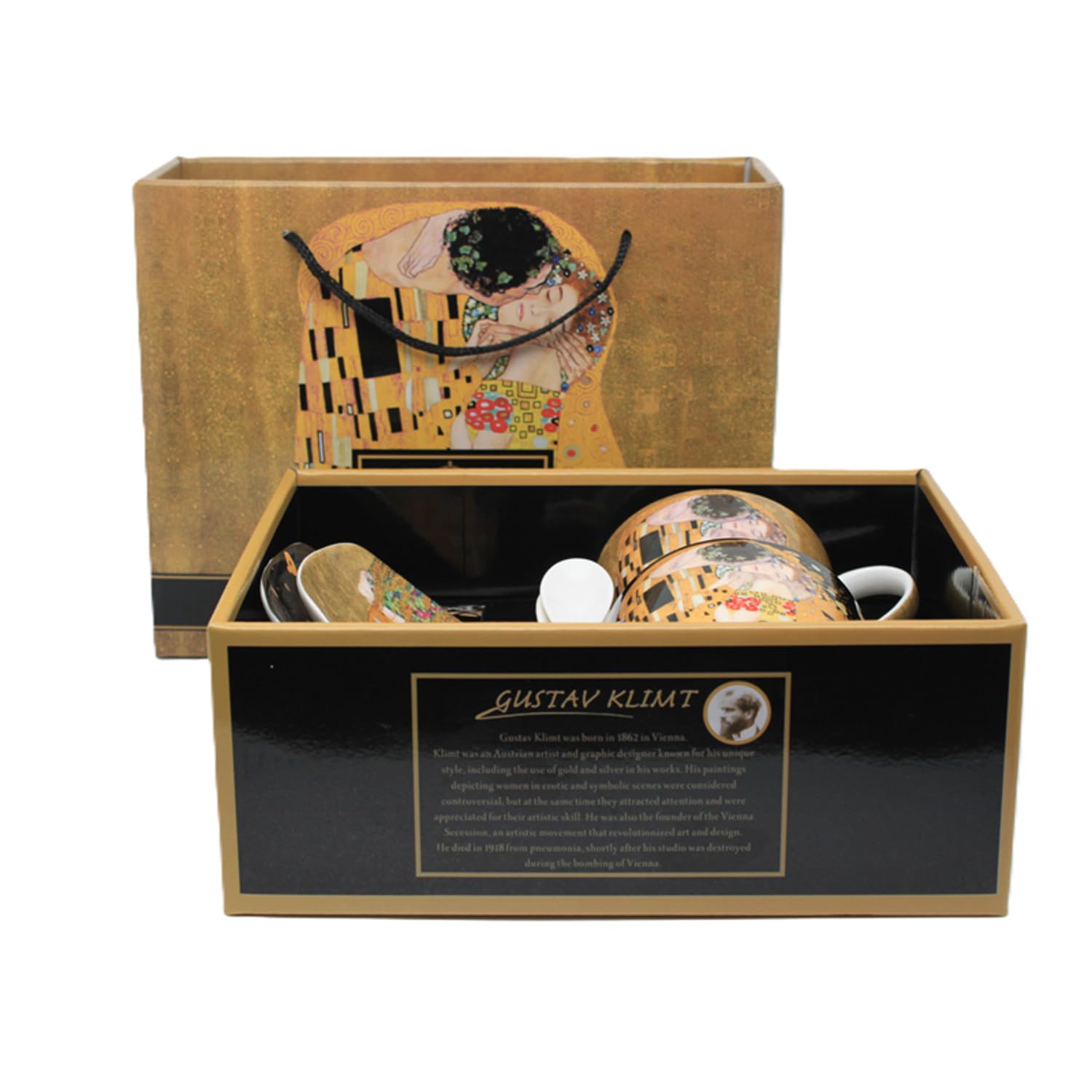 Juego de 2 tazas de porcelana con cucharas de Klimt De Kiss 250 ml | Fine Bone | elegante juego de regalo con diseño artístico Gustav Klimt | porcelana de lujo en caja