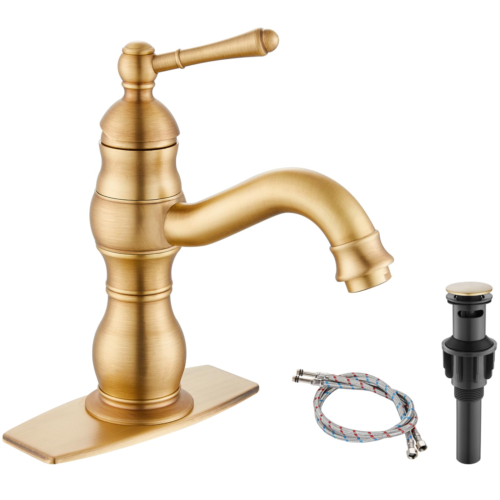 Heyalan Bathroom Sink Faucet Single Hole 1 Handle Deck Mount Single Handle Brass Bathroom Sink Faucet Farmhouse Mixer Tap with Drain,Short-Spout Reach 5.51 Inch,Antique Brass