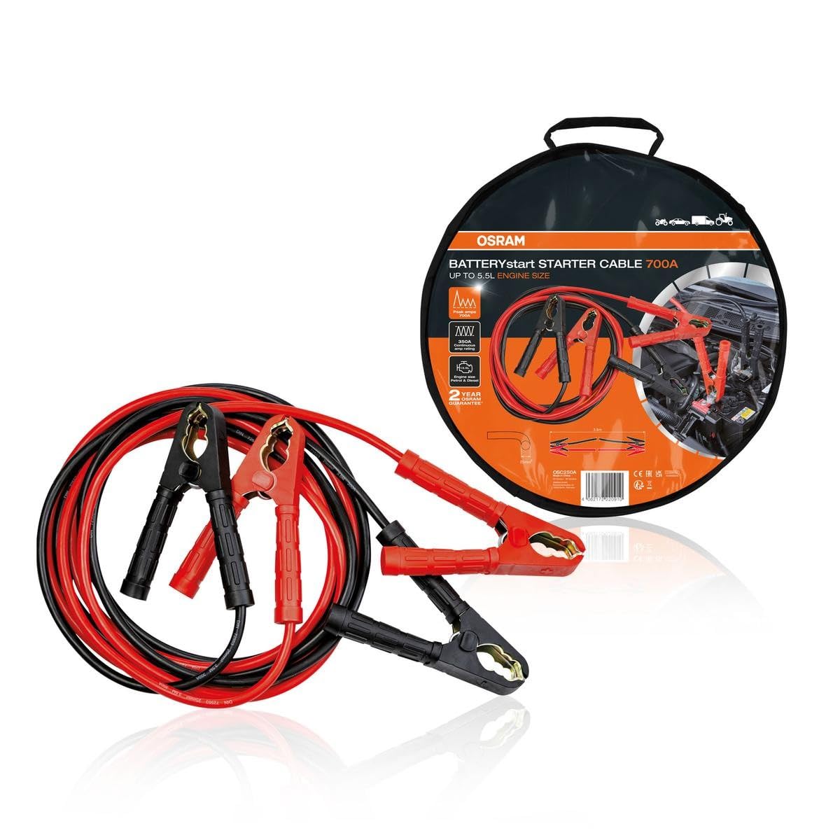 OSRAM STARTER CABLE 700A, Cavi di avviamento per motori a benzina e diesel, 12/24V, OSC250A, Cavo di collegamento per motori ≤5,5L, Cavo di alluminio rivestito in rame, 3,5m