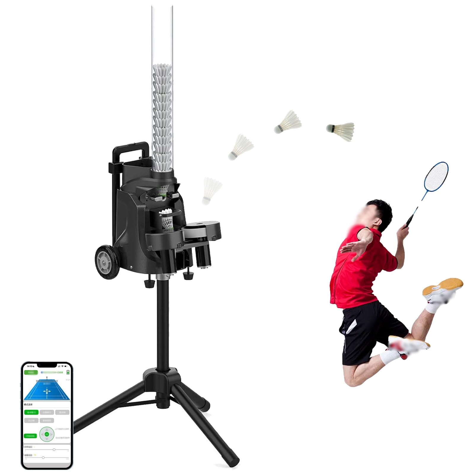 Lanzador de bádminton portátil con control de aplicación, ángulo y altura ajustables, batería de larga duración, para todos los niveles de habilidad