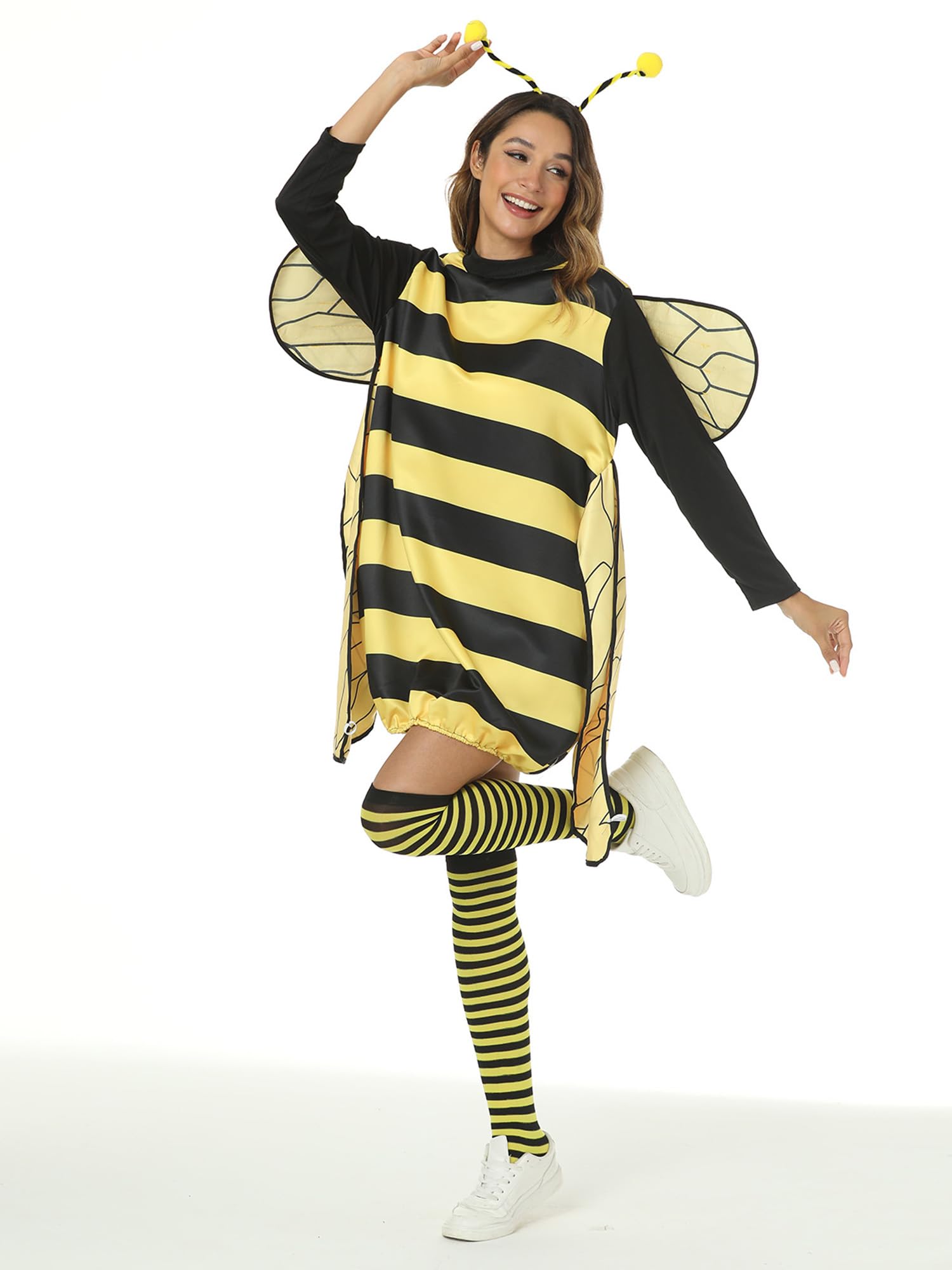 Springcmy Women Kid Halloween Costume Cosplay Set Bee Dress with Wings Headband Leg Sleeves Party Cosplay Fancy Dress - Image 4