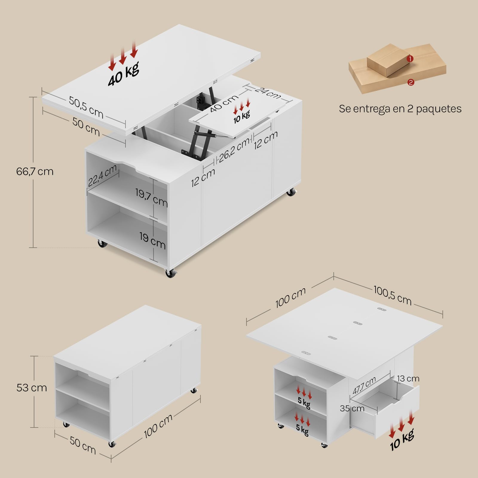 WOLTU Mesa de Centro con Tapa Elevable y Ruedas, Mesa Extensible y de Altura Regulable con Doble Tapa Elevable, Cajón y Compartimentos de Almacenamiento, para Salón u Oficina, Blanco