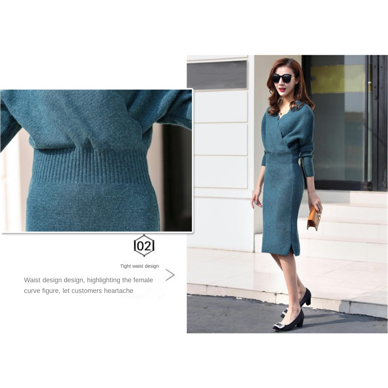Vestito Donna Autunno Abito in Maglia con Gonna A Coda di Pesce Aderente di Media Lunghezza E Scollo A V alla Moda Autunnale-Nero-Taglia Unica