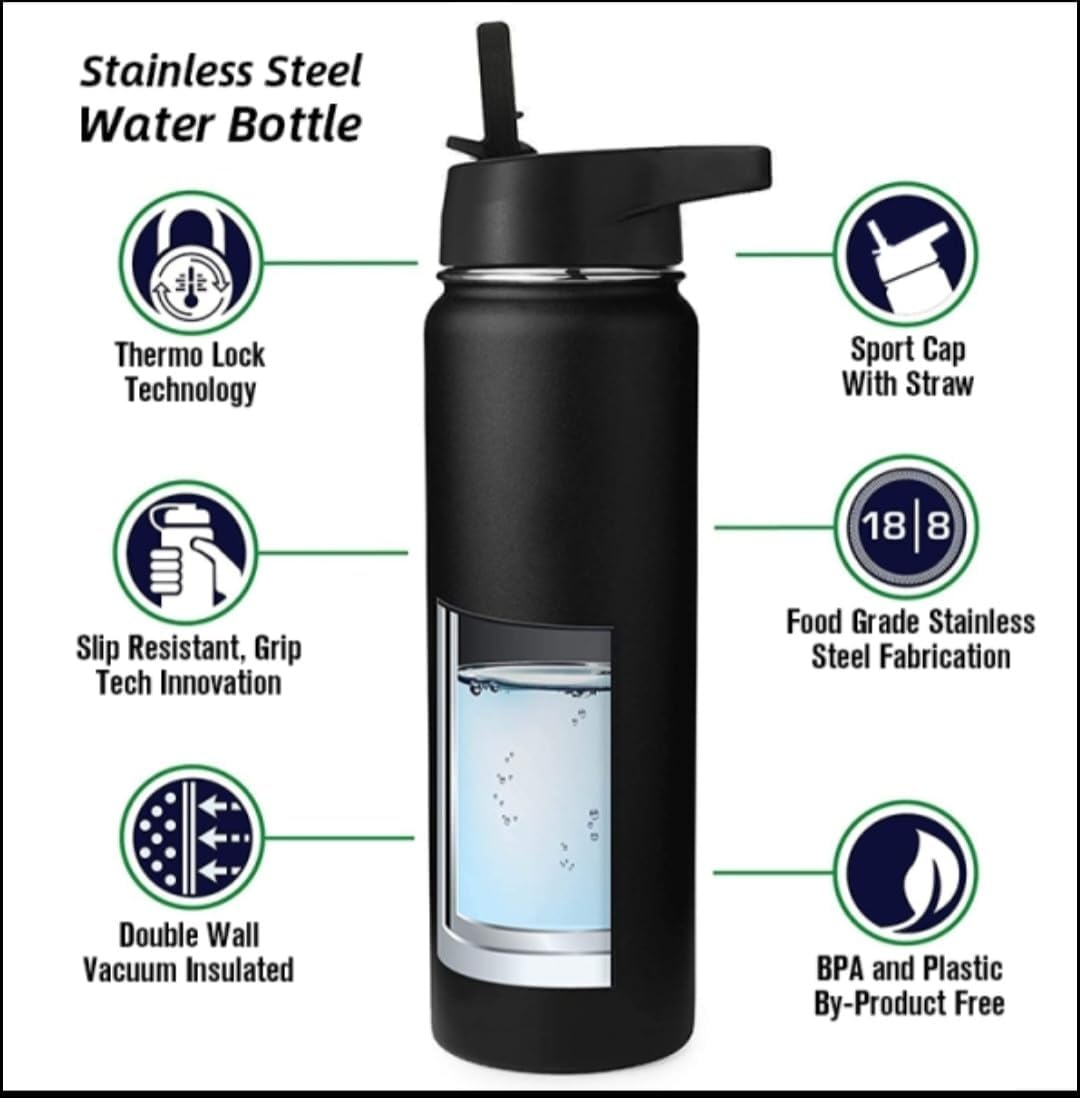Insulated Stainless Steel Water Bottle - 32oz - Large Metal Water Bottle with Leak-Proof Design and Convenient Handle - Double Vacuum Insulation for School, Work, or Adventure., Black