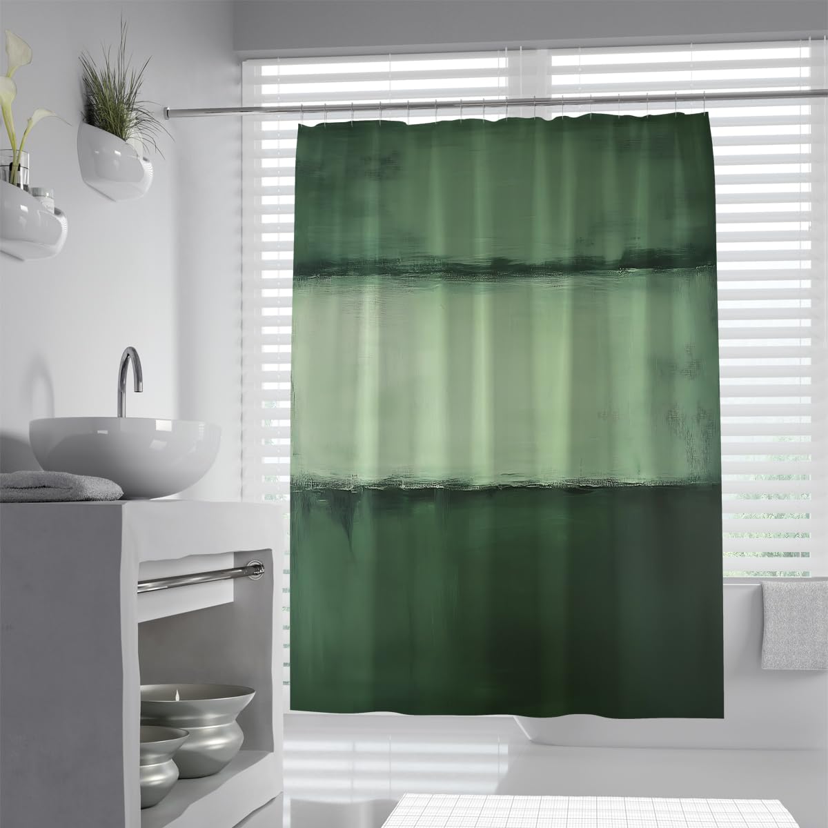 OLLIAR Home Sage Green Shower Curtain Modern Abstract Color Field Contemporary Gradient Forest Olive Large Block Painting Fabric Bath Curtain Set with Hooks 240x180cm