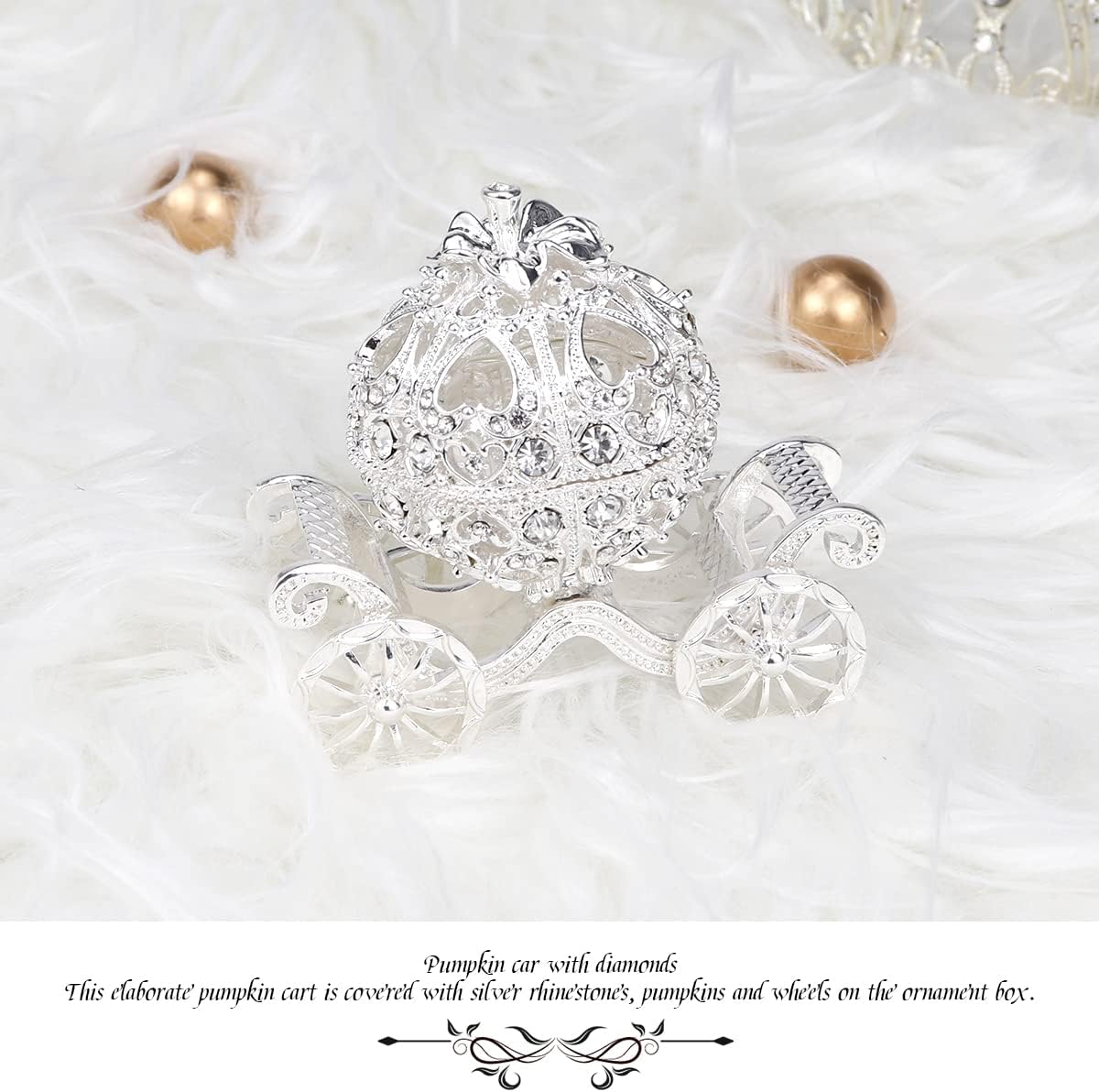 FERCAISH Crystal Pumpkin Carriage Trinket Box, Cinderella Pumpkin Carriage Decorative Hinged Jewelry Trinket Box Silver Rhinestone Jewelry Display Holder Unique Gift for Grils Women - Image 5